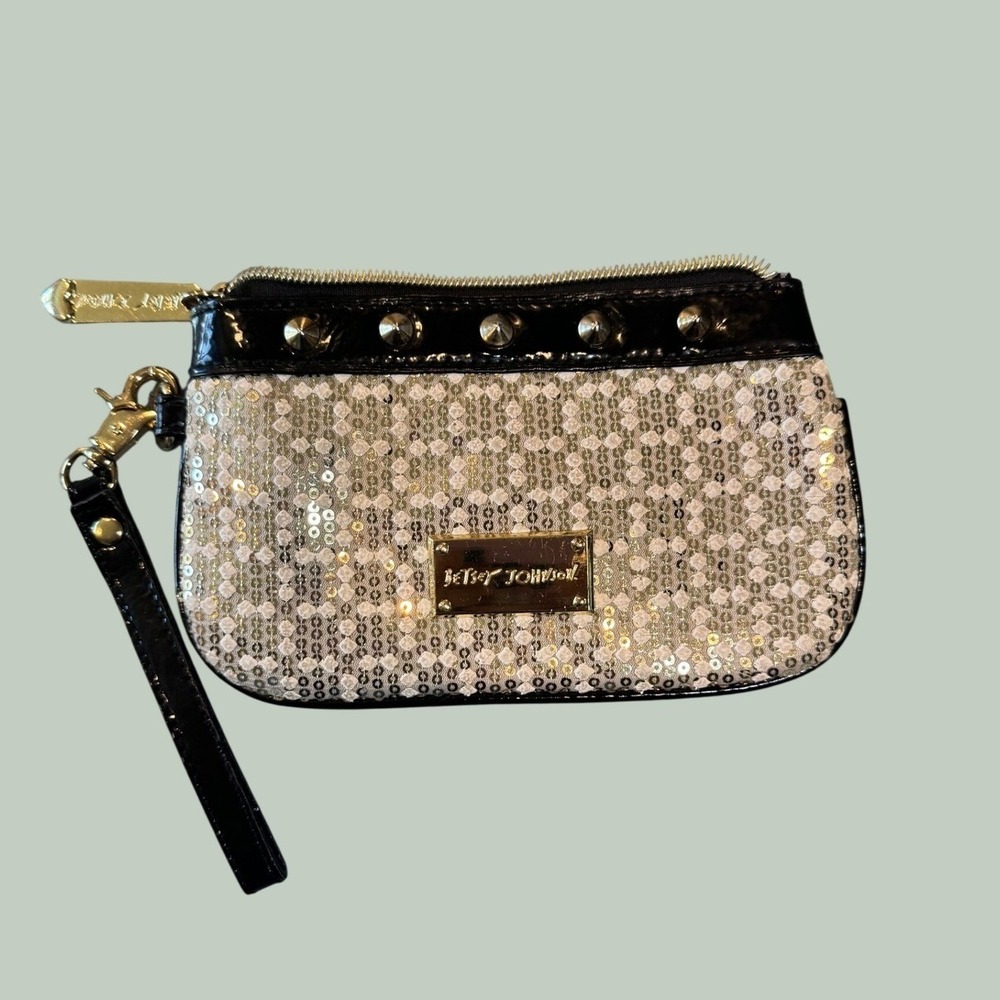 Betsey Johnson Sequin Studded Wristlet Bag OS Gold Black Patent Clutch